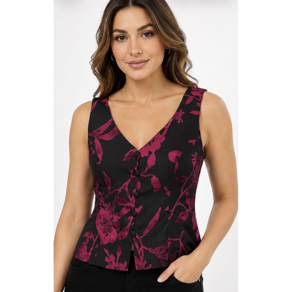 Alex Evening Satiny Brocade Vest Womens Large Floral